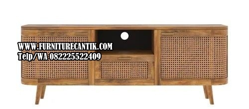 Meja TV Kayu Jati Kombinasi Rotan Klasik