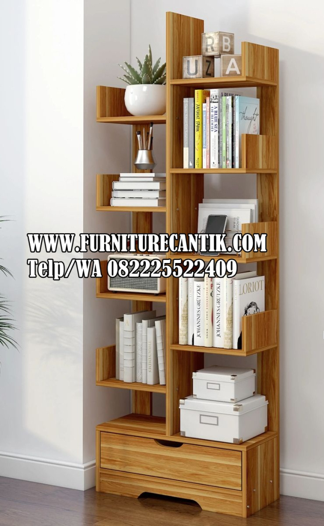Rak Buku Modern Kayu Jati Estetik Mewah